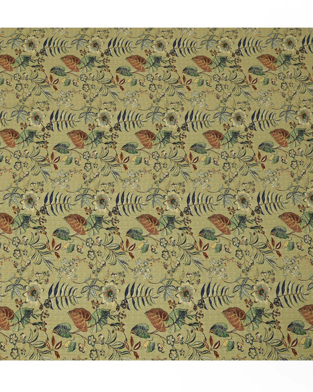 Olive Green Viscose Fabric with Multicolor Floral and Leaf Digital Print, 110 cm Width-D20642