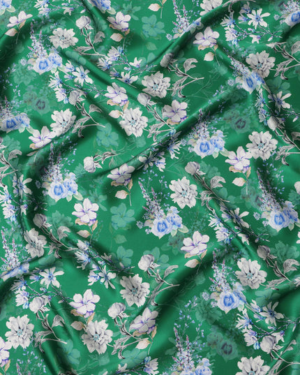 Green Floral Pure Silk Satin Fabric - 140 cm Width, Made in Italy-D20720