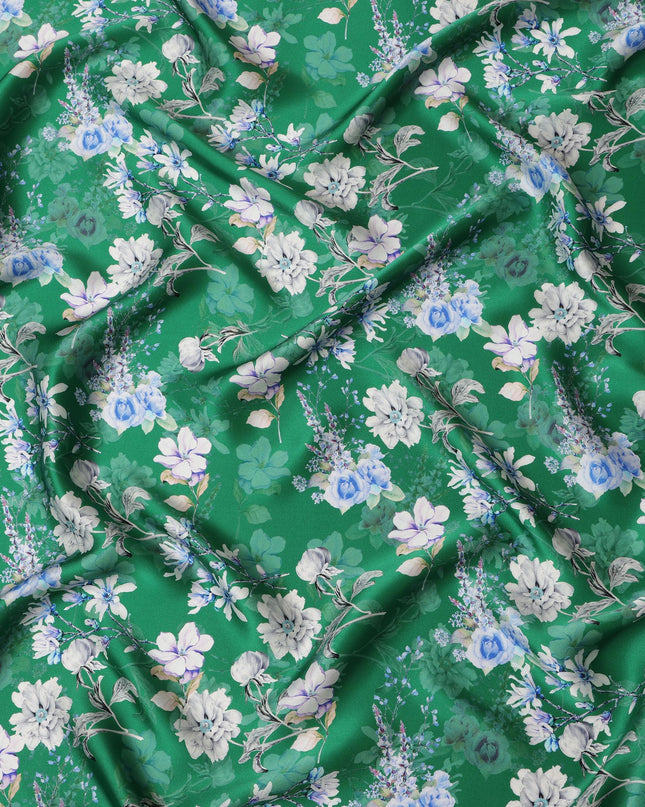 Green Floral Pure Silk Satin Fabric - 140 cm Width, Made in Italy-D20720