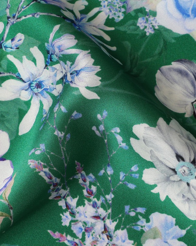 Green Floral Pure Silk Satin Fabric - 140 cm Width, Made in Italy-D20720