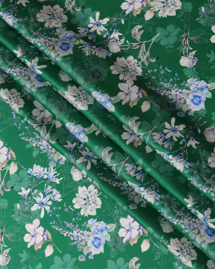 Green Floral Pure Silk Satin Fabric - 140 cm Width, Made in Italy-D20720