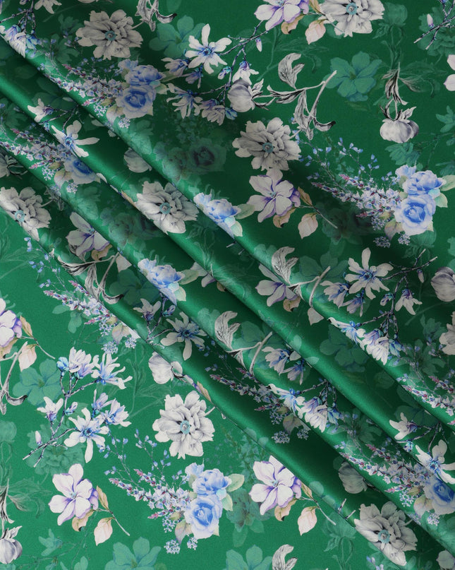 Green Floral Pure Silk Satin Fabric - 140 cm Width, Made in Italy-D20720