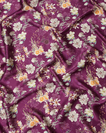 Plum Floral Pure Silk Satin Fabric - 140 cm Width, Made in Italy-D20721