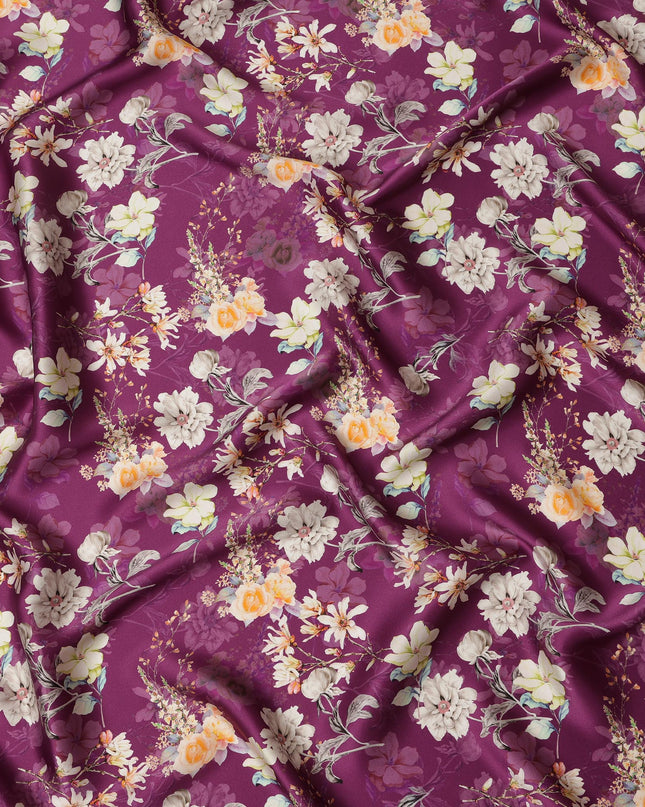 Plum Floral Pure Silk Satin Fabric - 140 cm Width, Made in Italy-D20721