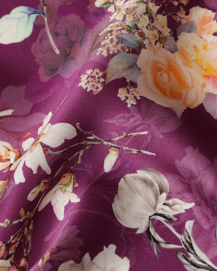 Plum Floral Pure Silk Satin Fabric - 140 cm Width, Made in Italy-D20721