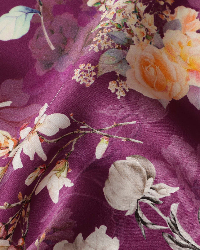 Plum Floral Pure Silk Satin Fabric - 140 cm Width, Made in Italy-D20721