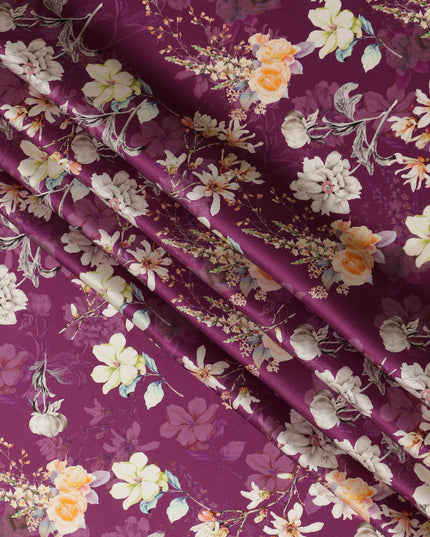 Plum Floral Pure Silk Satin Fabric - 140 cm Width, Made in Italy-D20721