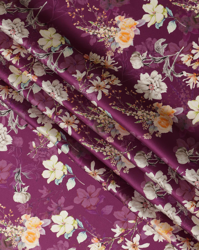 Plum Floral Pure Silk Satin Fabric - 140 cm Width, Made in Italy-D20721