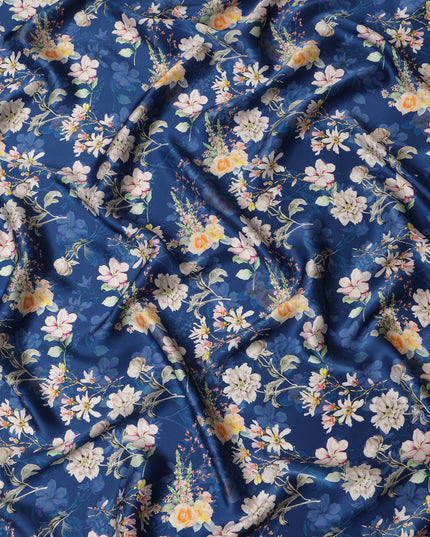 Navy Floral Pure Silk Satin Fabric - 140 cm Width, Made in Italy-D20722