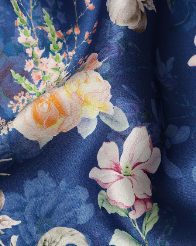 Navy Floral Pure Silk Satin Fabric - 140 cm Width, Made in Italy-D20722