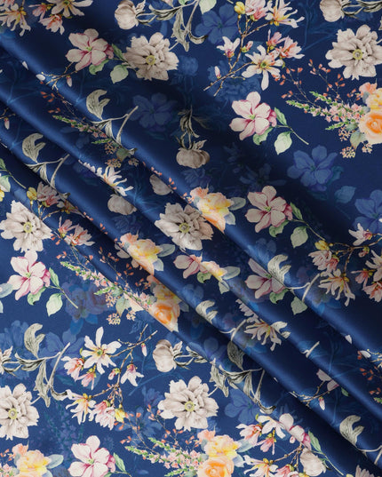 Navy Floral Pure Silk Satin Fabric - 140 cm Width, Made in Italy-D20722