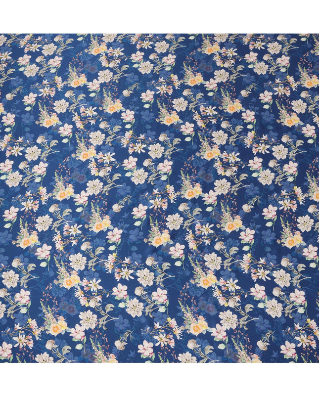 Navy Floral Pure Silk Satin Fabric - 140 cm Width, Made in Italy-D20722