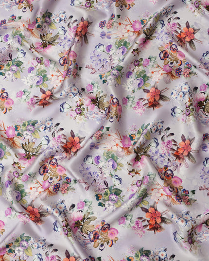 Lilac Floral Pure Silk Satin Fabric - 140 cm Width, Made in Italy-D20723