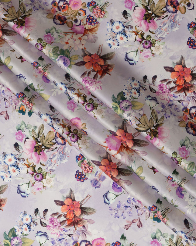 Lilac Floral Pure Silk Satin Fabric - 140 cm Width, Made in Italy-D20723