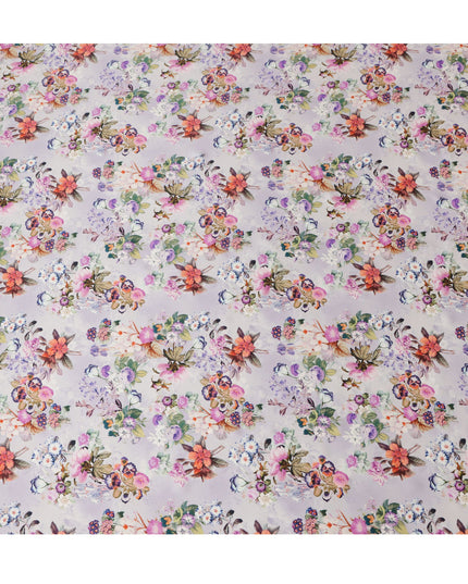 Lilac Floral Pure Silk Satin Fabric - 140 cm Width, Made in Italy-D20723