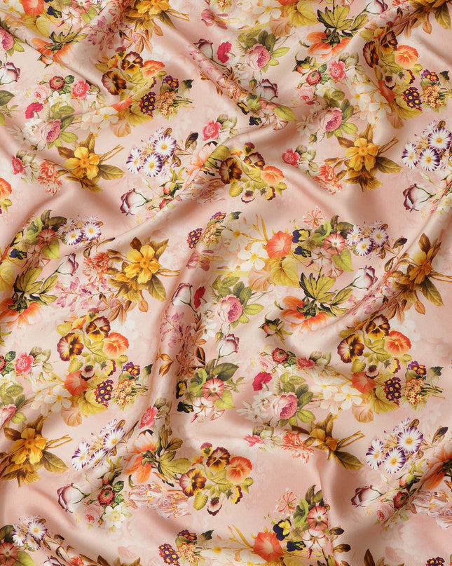 Peach Floral Pure Silk Satin Fabric - 140 cm Width, Made in Italy-D20724