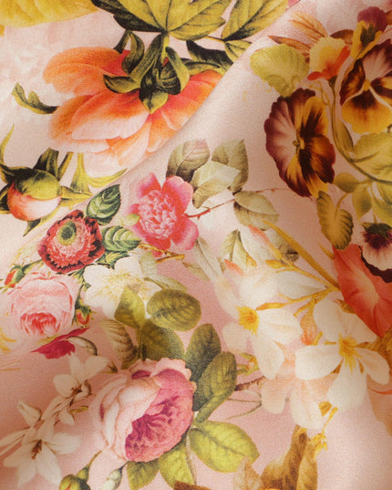 Peach Floral Pure Silk Satin Fabric - 140 cm Width, Made in Italy-D20724