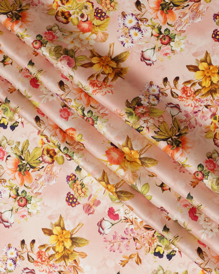 Peach Floral Pure Silk Satin Fabric - 140 cm Width, Made in Italy-D20724