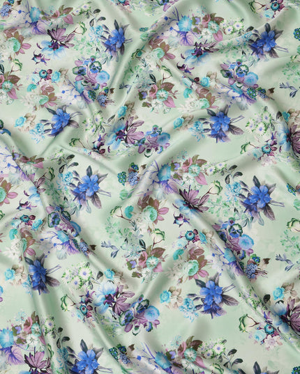 Mint Green Floral Pure Silk Satin Fabric - 140 cm Width, Made in Italy-D20725