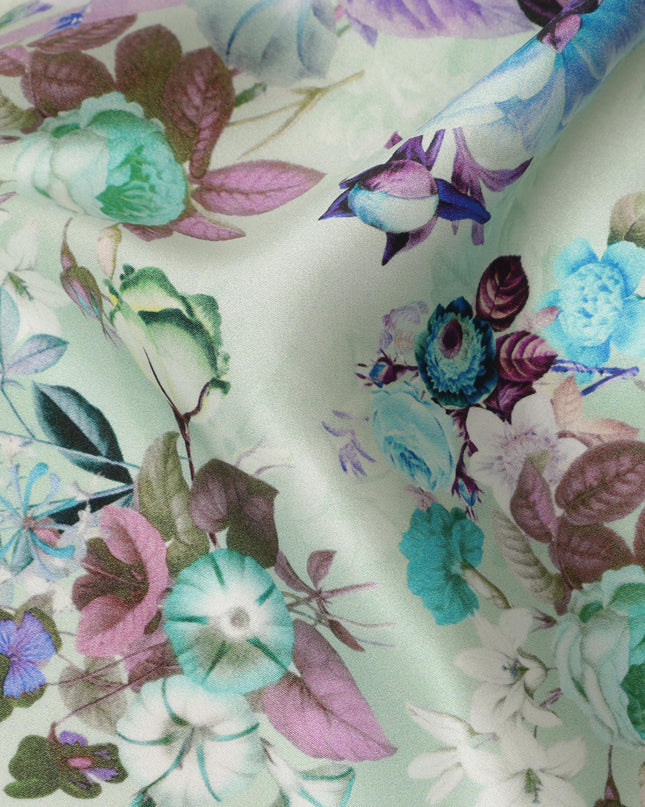 Mint Green Floral Pure Silk Satin Fabric - 140 cm Width, Made in Italy-D20725