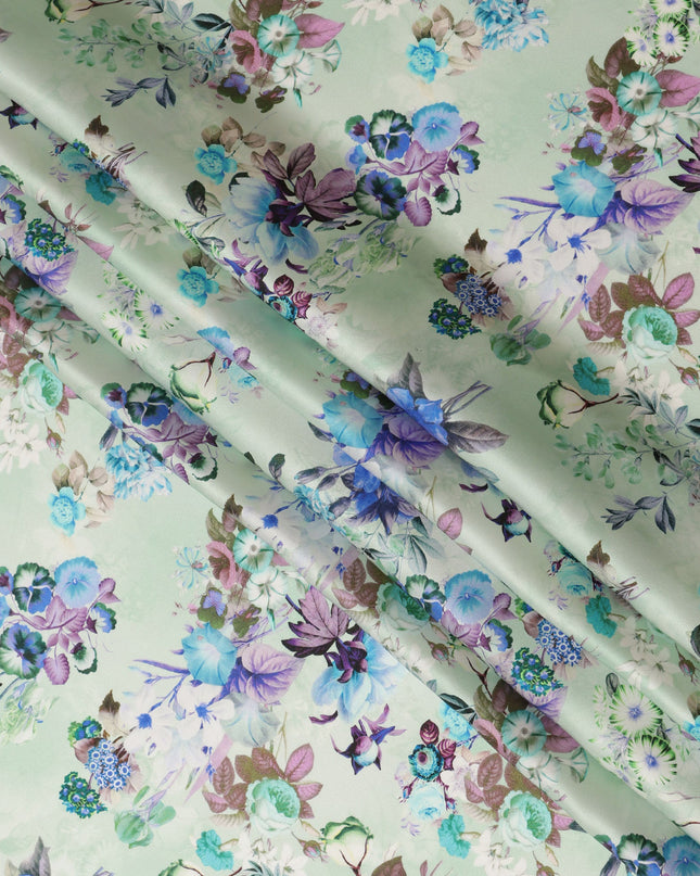 Mint Green Floral Pure Silk Satin Fabric - 140 cm Width, Made in Italy-D20725