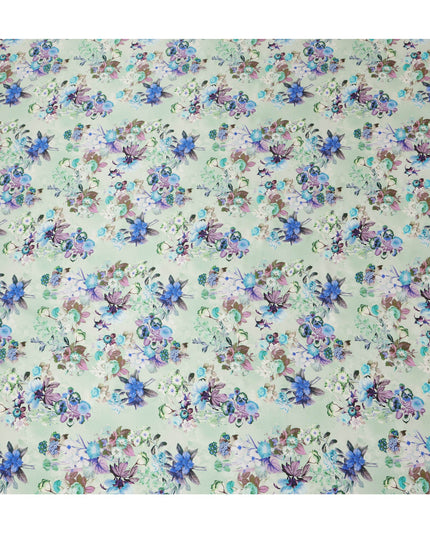 Mint Green Floral Pure Silk Satin Fabric - 140 cm Width, Made in Italy-D20725