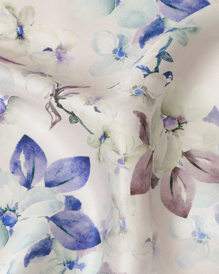 Ivory Floral Pure Silk Satin Fabric - 140 cm Width, Made in Italy-D20726