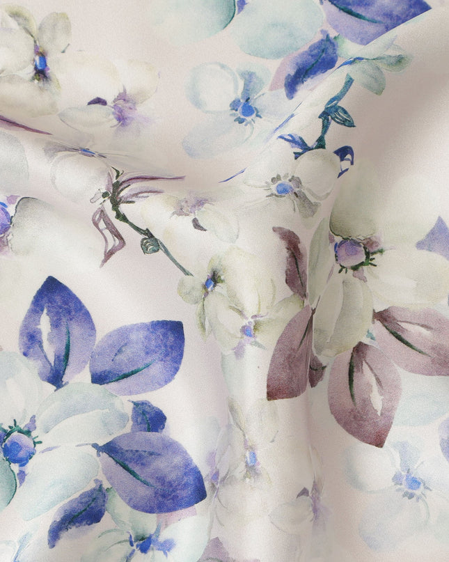 Ivory Floral Pure Silk Satin Fabric - 140 cm Width, Made in Italy-D20726