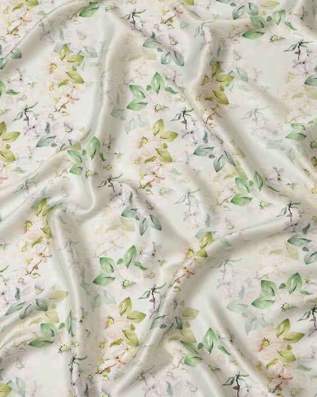 Light Green Floral Pure Silk Satin Fabric - 140 cm Width, Made in Italy-D20727