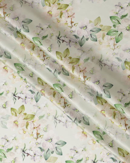 Light Green Floral Pure Silk Satin Fabric - 140 cm Width, Made in Italy-D20727