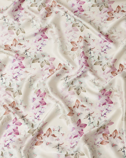 Cream Floral Pure Silk Satin Fabric - 140 cm Width, Made in Italy-D20728