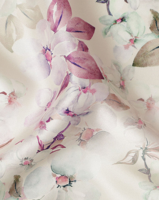 Cream Floral Pure Silk Satin Fabric - 140 cm Width, Made in Italy-D20728