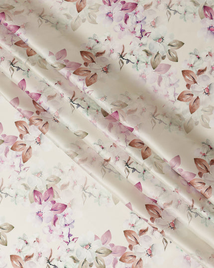 Cream Floral Pure Silk Satin Fabric - 140 cm Width, Made in Italy-D20728