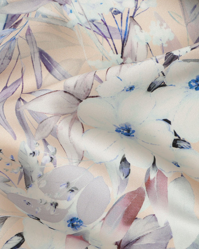 Peach Blush Floral Pure Silk Satin Fabric - 140 cm Width, Made in Italy-D20729