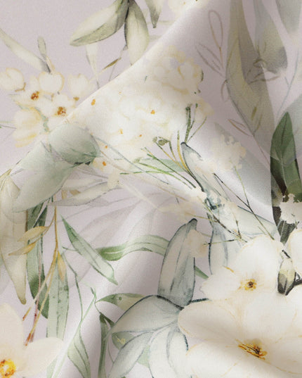 Soft Ivory Green Floral Pure Silk Satin Fabric - 140 cm Width, Made in Italy-D20730