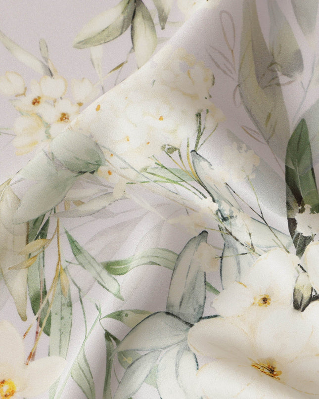 Soft Ivory Green Floral Pure Silk Satin Fabric - 140 cm Width, Made in Italy-D20730