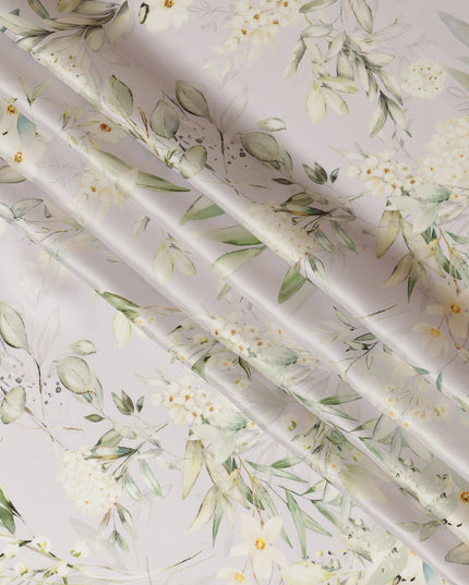 Soft Ivory Green Floral Pure Silk Satin Fabric - 140 cm Width, Made in Italy-D20730