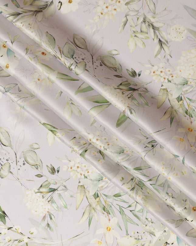 Soft Ivory Green Floral Pure Silk Satin Fabric - 140 cm Width, Made in Italy-D20730