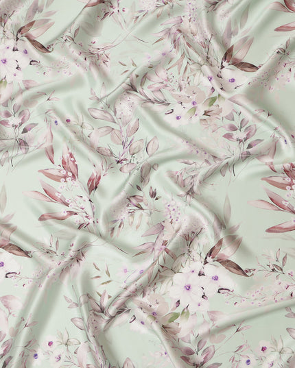 Mint Blush Floral Pure Silk Satin Fabric - 140 cm Width, Made in Italy-D20731