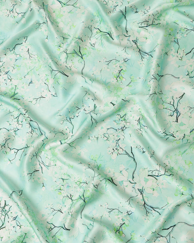 Mint Green Blossom Pure Silk Satin Fabric - 140 cm Width, Made in Italy-D20733