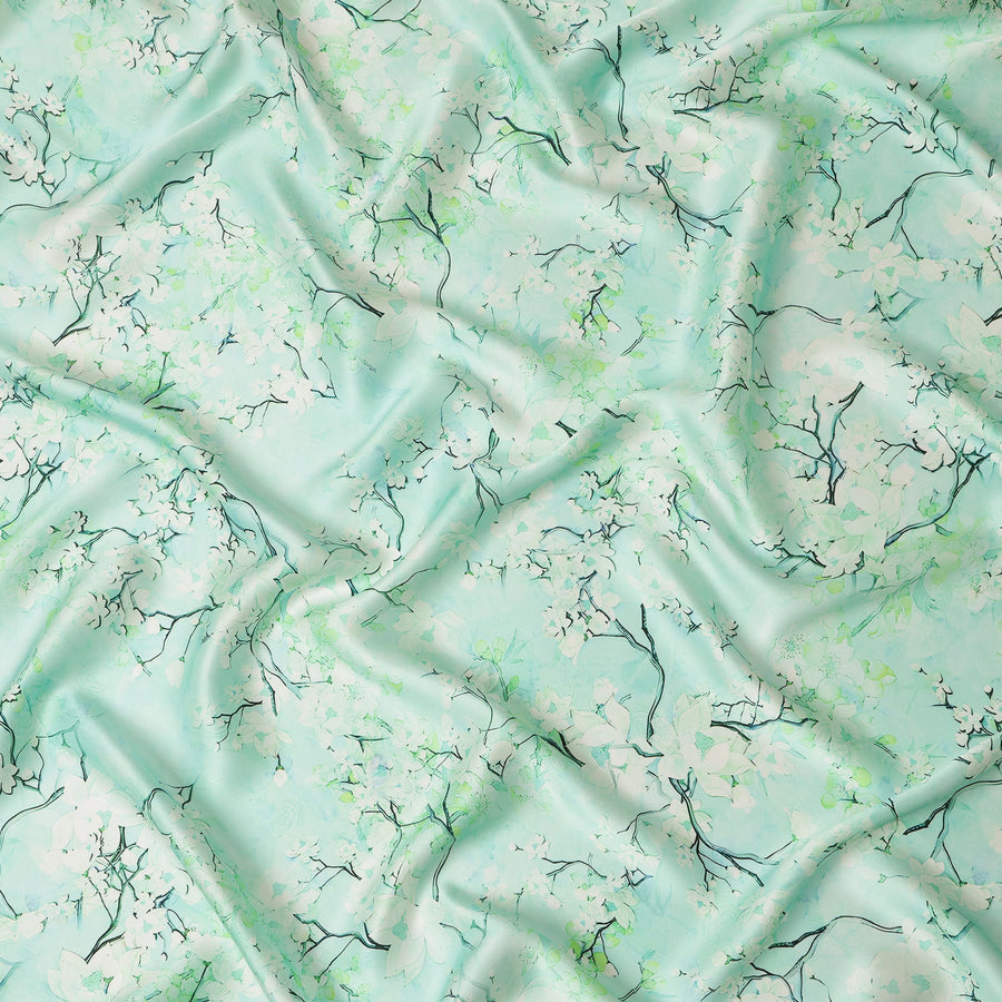 قماش ساتان حريري نقي بزهرة خضراء نعناعية - عرض 140 سم، صنع في إيطاليا - D20733