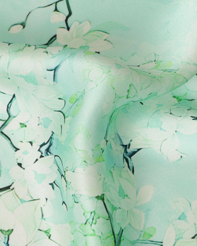 Mint Green Blossom Pure Silk Satin Fabric - 140 cm Width, Made in Italy-D20733