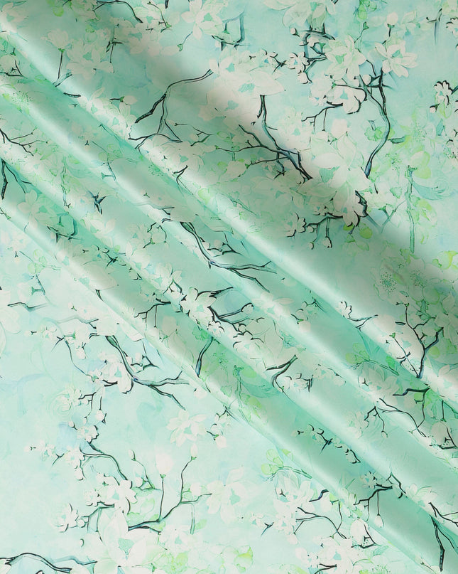 Mint Green Blossom Pure Silk Satin Fabric - 140 cm Width, Made in Italy-D20733