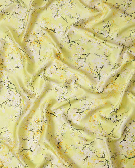 Lemon Yellow Blossom Pure Silk Satin Fabric - 140 cm Width, Made in Italy-D20734