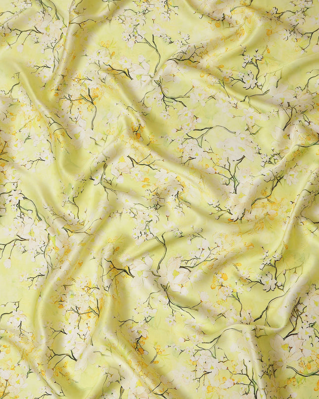 Lemon Yellow Blossom Pure Silk Satin Fabric - 140 cm Width, Made in Italy-D20734