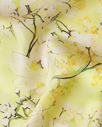 Lemon Yellow Blossom Pure Silk Satin Fabric - 140 cm Width, Made in Italy-D20734