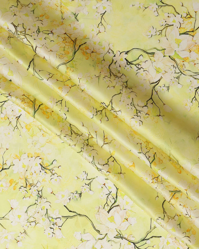 Lemon Yellow Blossom Pure Silk Satin Fabric - 140 cm Width, Made in Italy-D20734