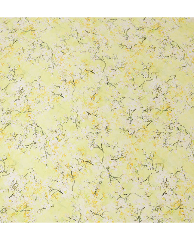 Lemon Yellow Blossom Pure Silk Satin Fabric - 140 cm Width, Made in Italy-D20734