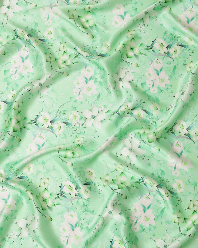 Mint Green Floral Pure Silk Satin Fabric - 140 cm Width, Made in Italy-D20735