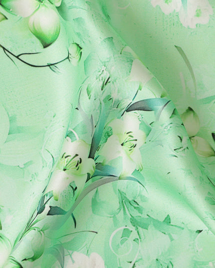 Mint Green Floral Pure Silk Satin Fabric - 140 cm Width, Made in Italy-D20735